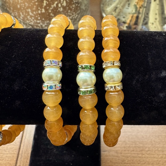 Golden Yellow Bead Bracelets with Simulated Pearl & Rhinestone Spacers - Picture 5 of 9